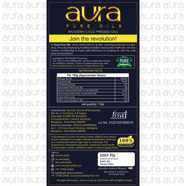 Back label of cold pressed coconut oil by Aura Pure Oils.