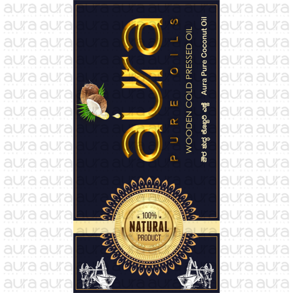 Front label of cold pressed coconut oil - Aura Pure Oils.