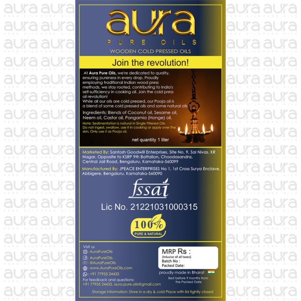 Back label of Pooja Oil / Deepa Oil / Diya Oil by Aura Pure Oils.