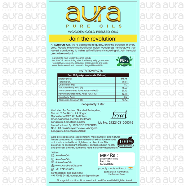 Back label of cold pressed Sesame oil that is wood pressed by Aura Pure Oils