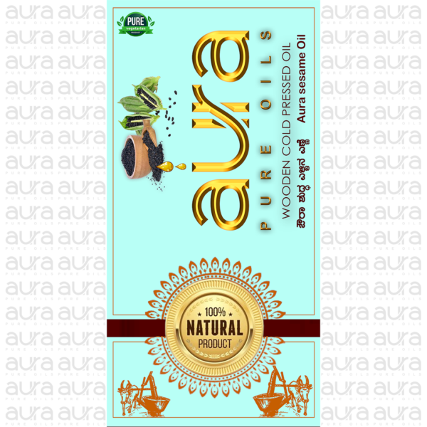 Front label of cold pressed Sesame oil that is wood pressed by Aura Pure Oils