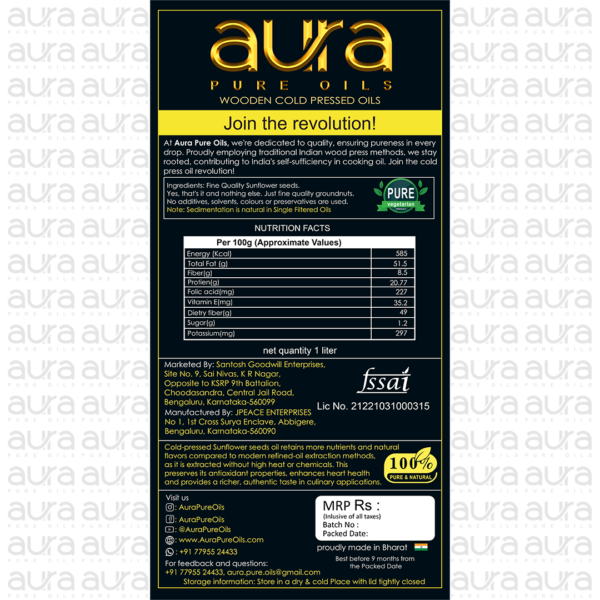 Aura Pure Oils-Front Label of Cold Pressed Sunflower Oil.